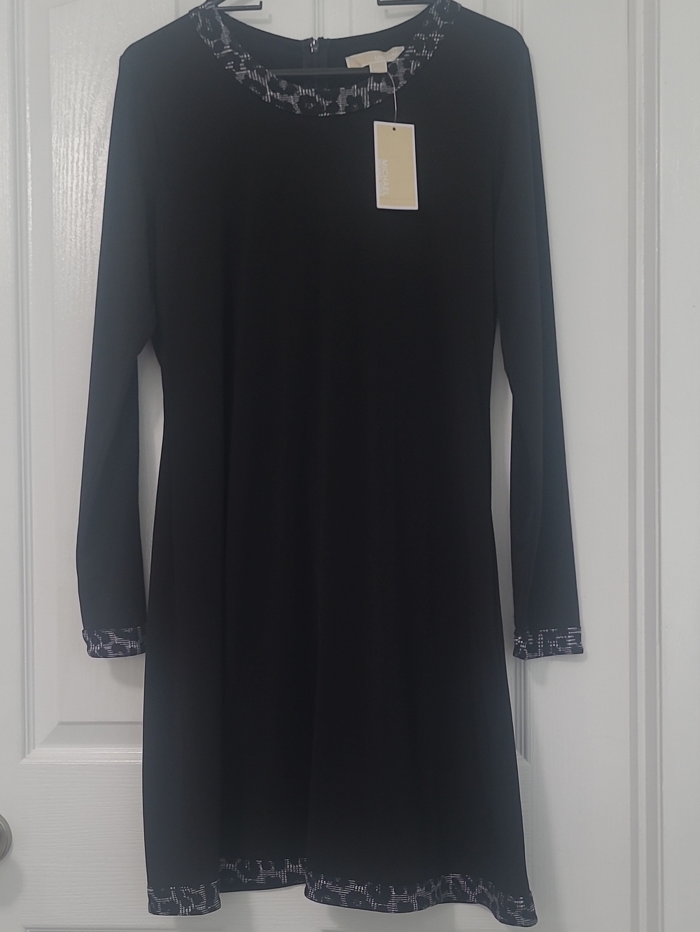 Michael Kors NWT Black Long-Sleeve Dress with Animal Print Hem & Cuffs Sz L